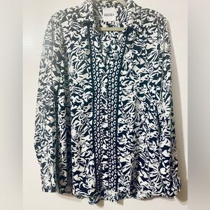 Navy and White Floral Blouse EUC